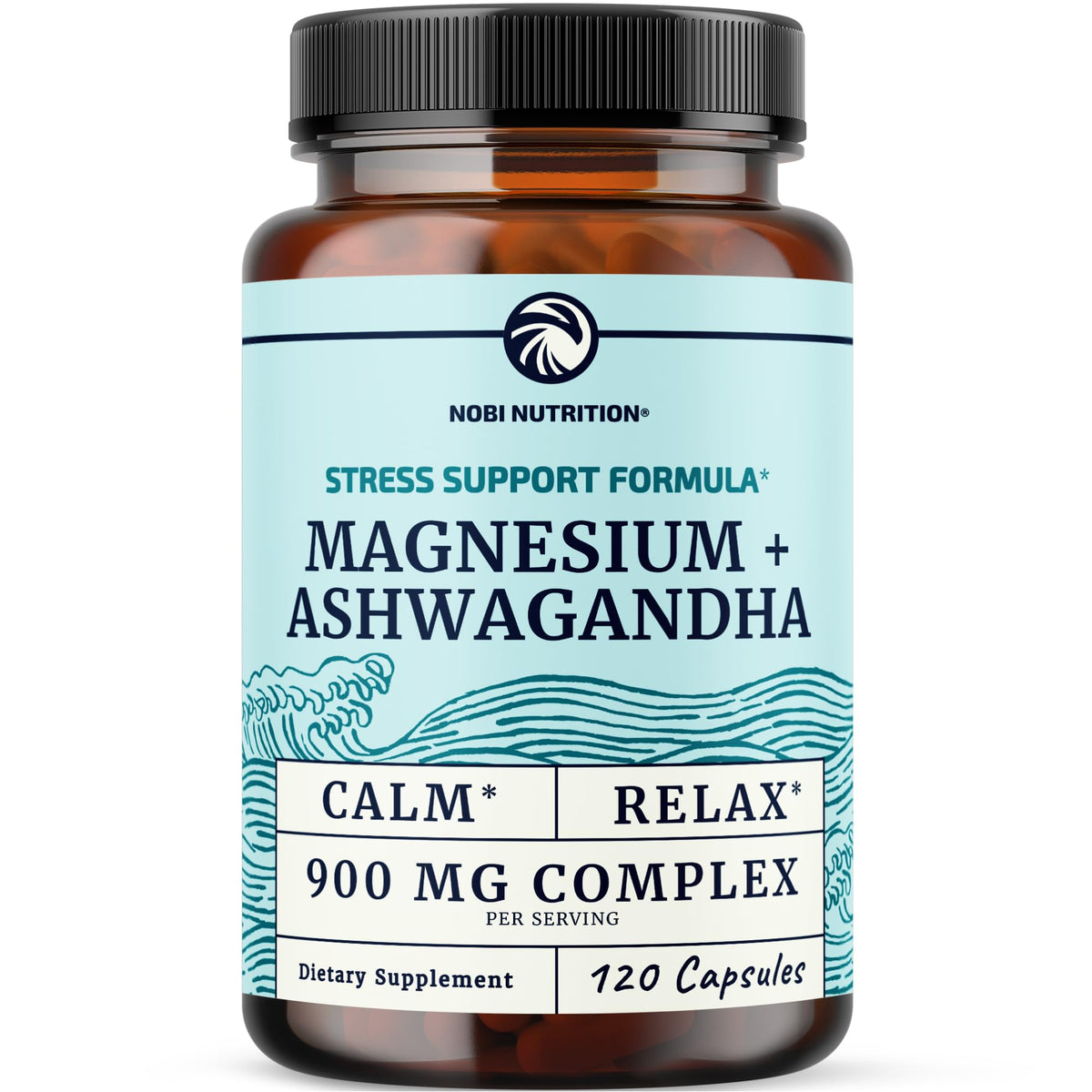 Flacon de Nobi Nutrition Magnésium Ashwagandha 400mg, 120 capsules