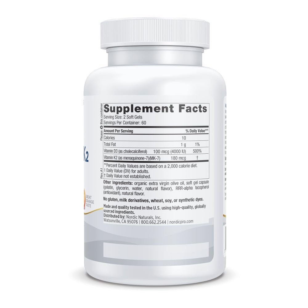 Flacon de Nordic Naturals Pro Vitamin D3 + K2 4000 IU avec étiquette