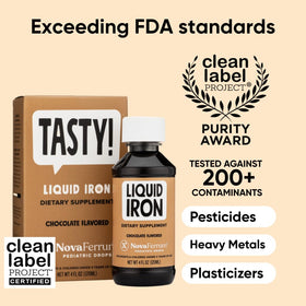 Flacon de NovaFerrum fer liquide 168g avec étiquette détaillée