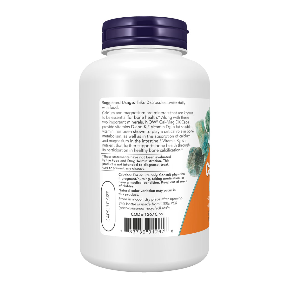 Flacon de NOW Foods Cal-Mag DK avec capsules visibles