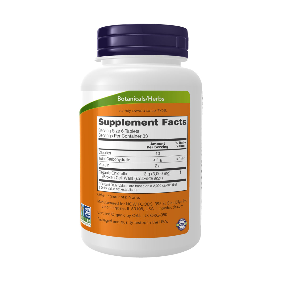 Flacon de NOW Foods Chlorella Bio 500 mg avec étiquette