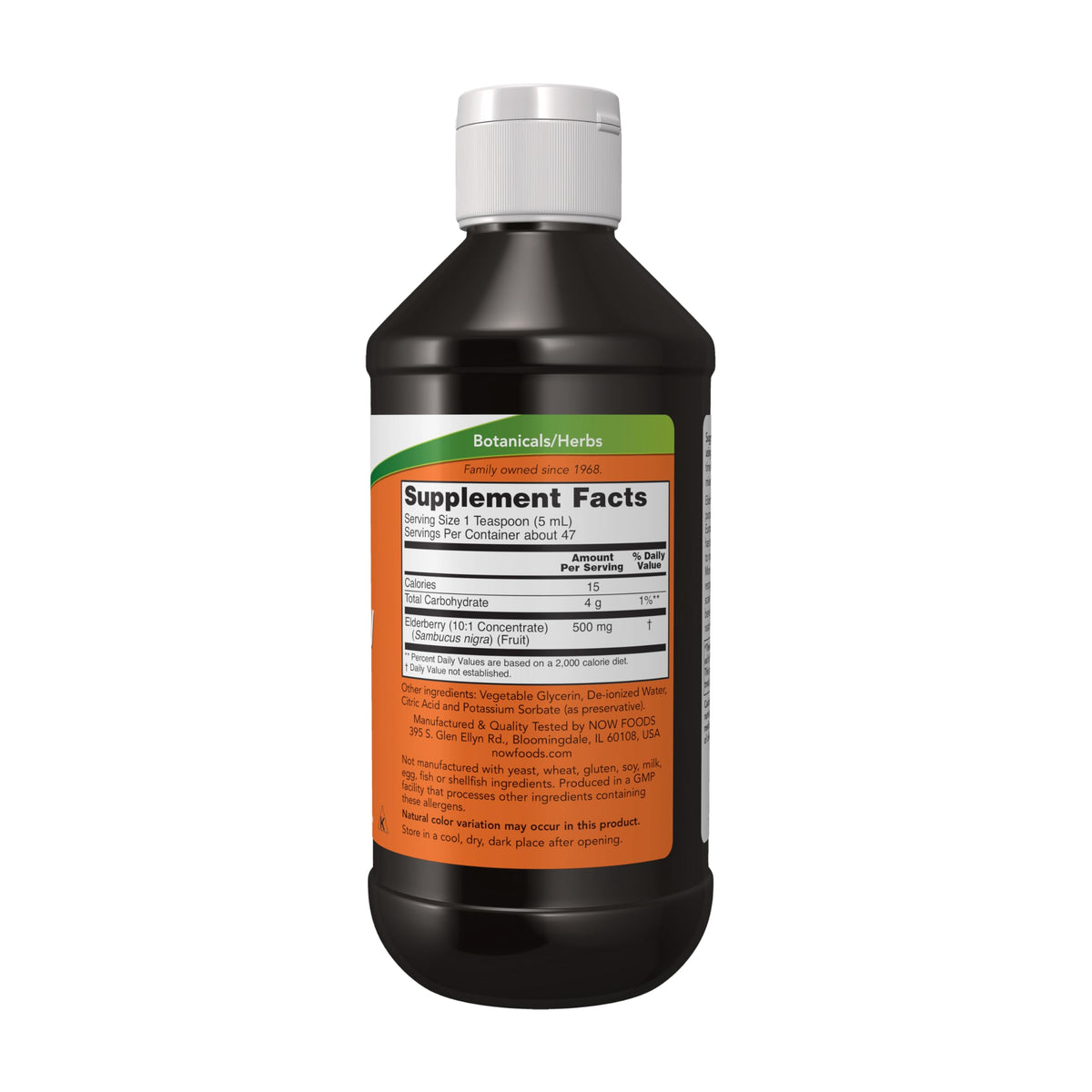 Flacon de NOW Foods Extrait de Sureau 500 mg avec étiquette