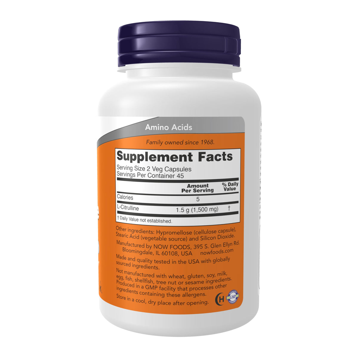 Flacon de NOW Foods L-Citrulline 750 mg 90 capsules avec étiquette