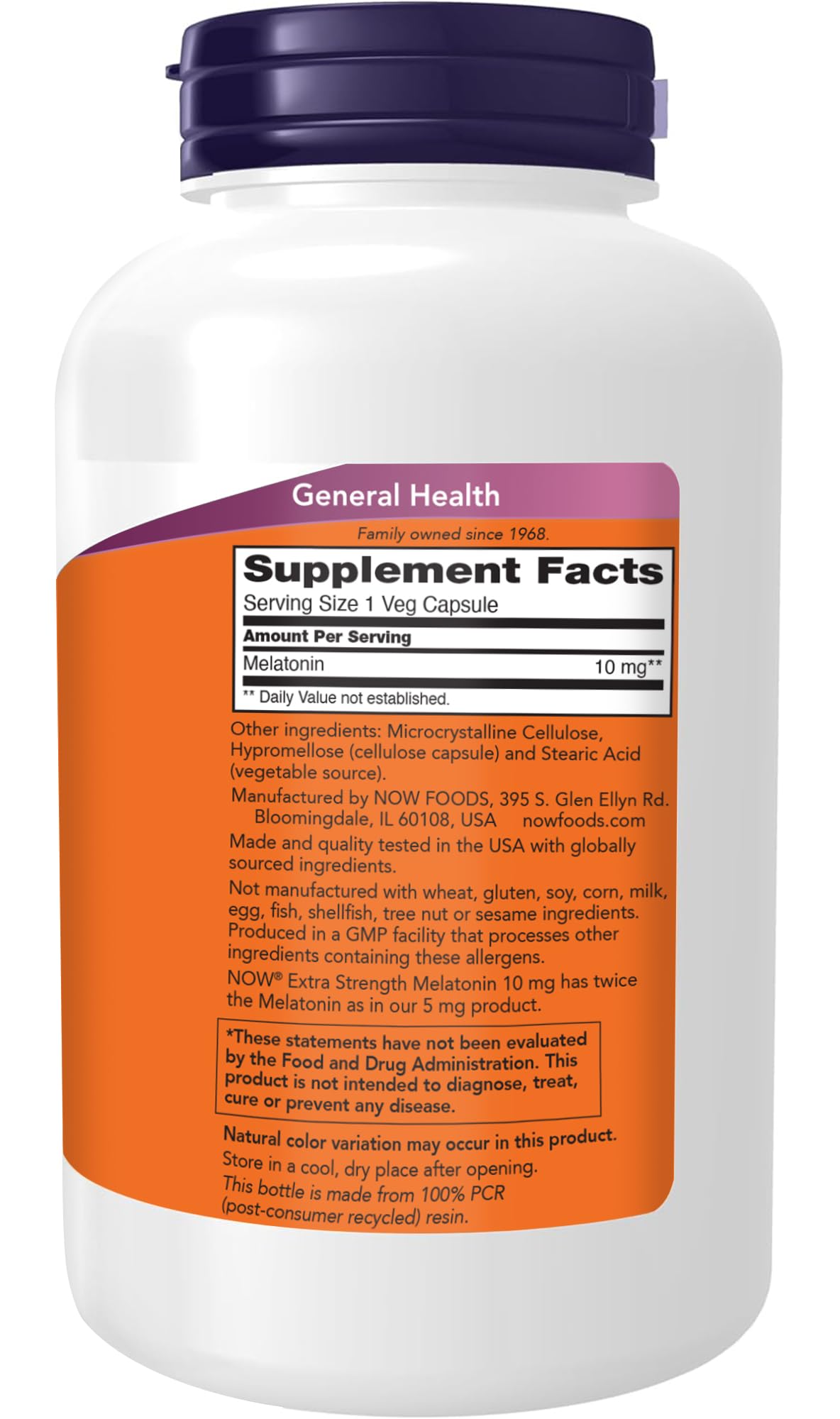 Flacon de NOW Foods Mélatonine Extra Forte 10 mg 200 Capsules Végétales - étiquette