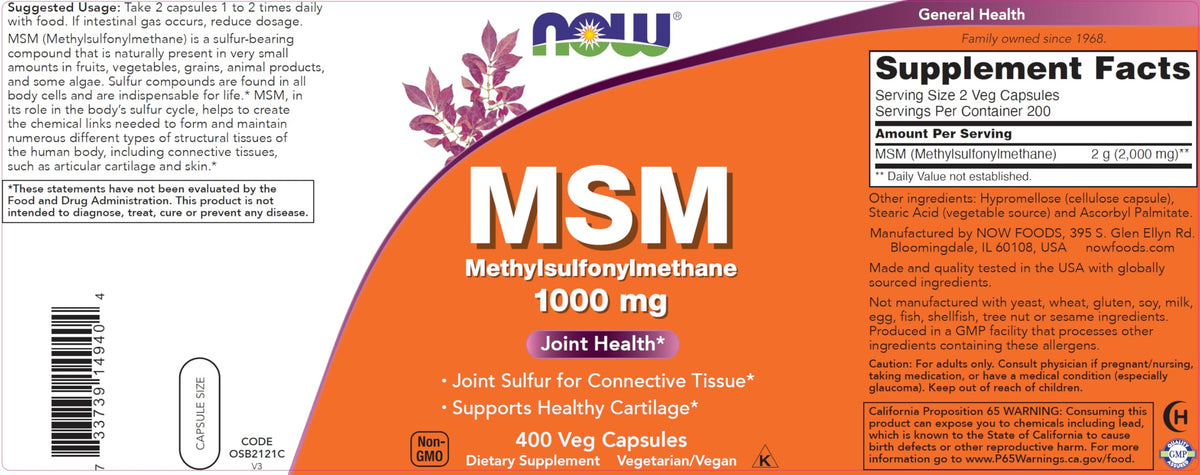 Flacon de NOW Foods MSM 1000 mg 400 capsules, étiquette en gros plan
