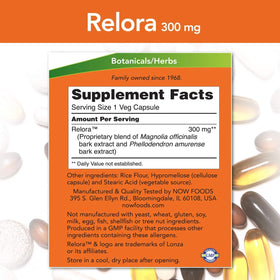 Flacon de NOW Foods Relora 300 mg avec étiquette visible