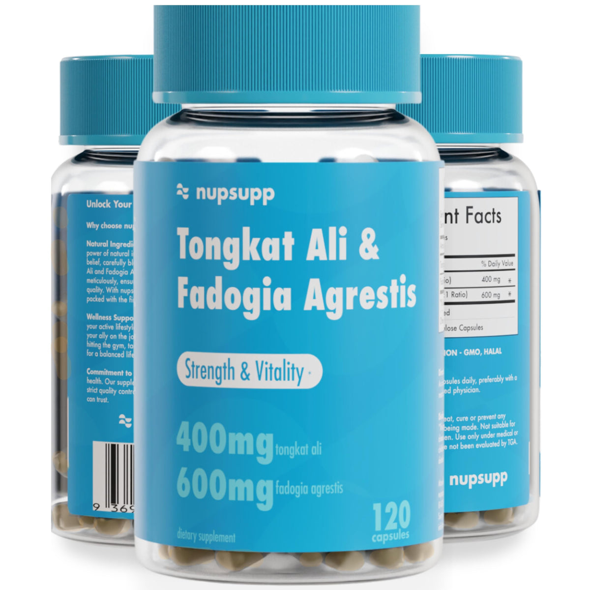 Flacon de nupsupp contenant 120 capsules de Tongkat Ali et Fadogia Agrestis