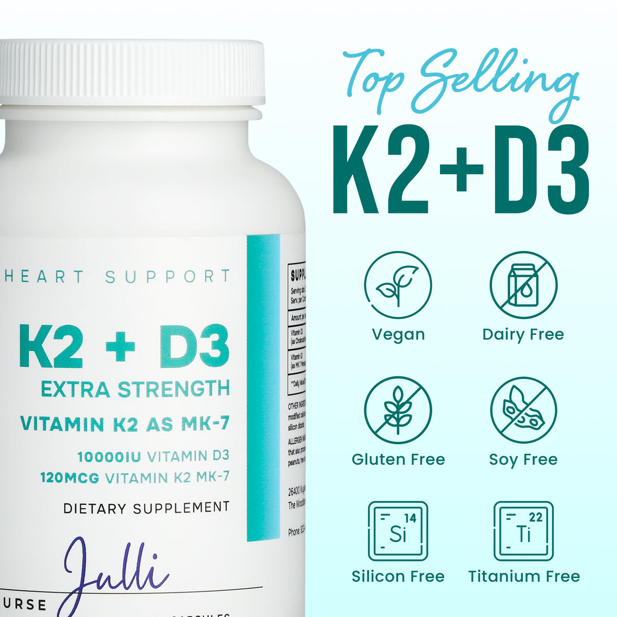 Flacon de Nurse Julli K2 + D3 ouvert avec capsules visibles