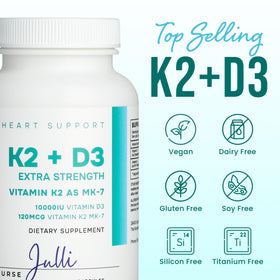 Flacon de Nurse Julli K2 + D3 ouvert avec capsules visibles