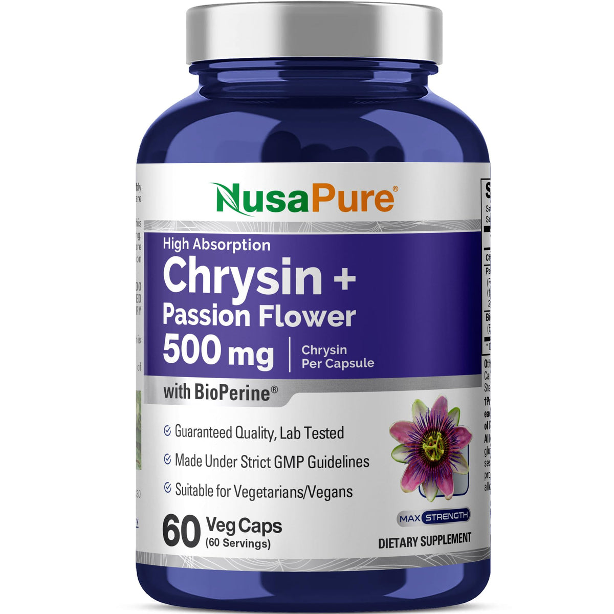 Flacon de NusaPure Chrysin 500 mg avec 60 capsules végétales