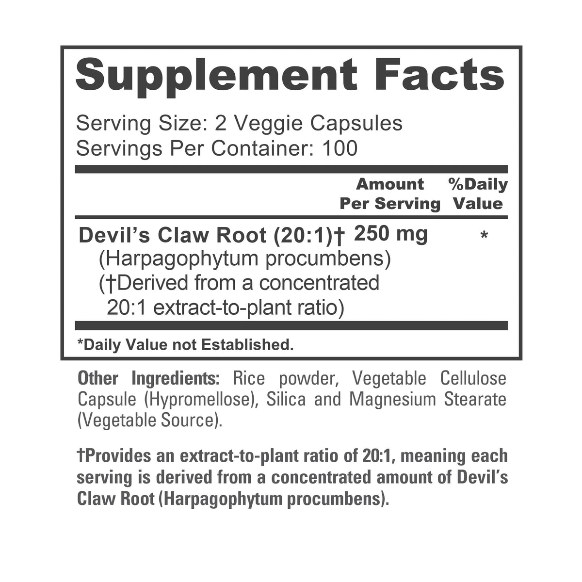 Flacon de NusaPure Devil's Claw 250mg avec étiquette visible