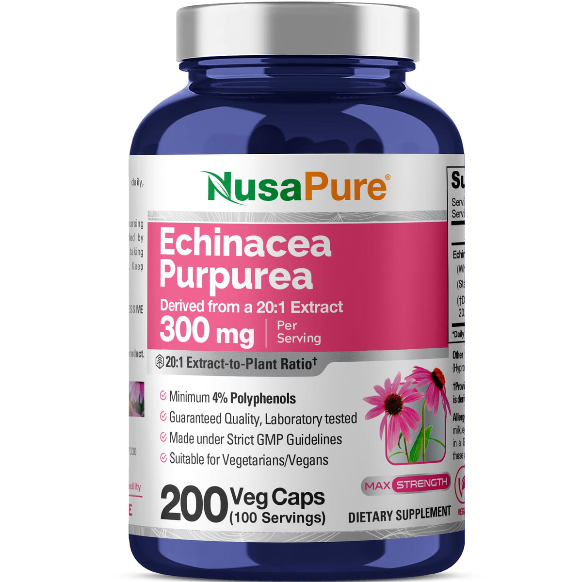 Flacon de NusaPure Echinacea Purpurea 300mg avec 300 capsules