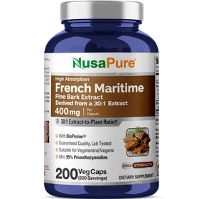 Flacon de NusaPure Extrait d'Écorce de Pin Maritime Français 400mg contenant 200 capsules végétales