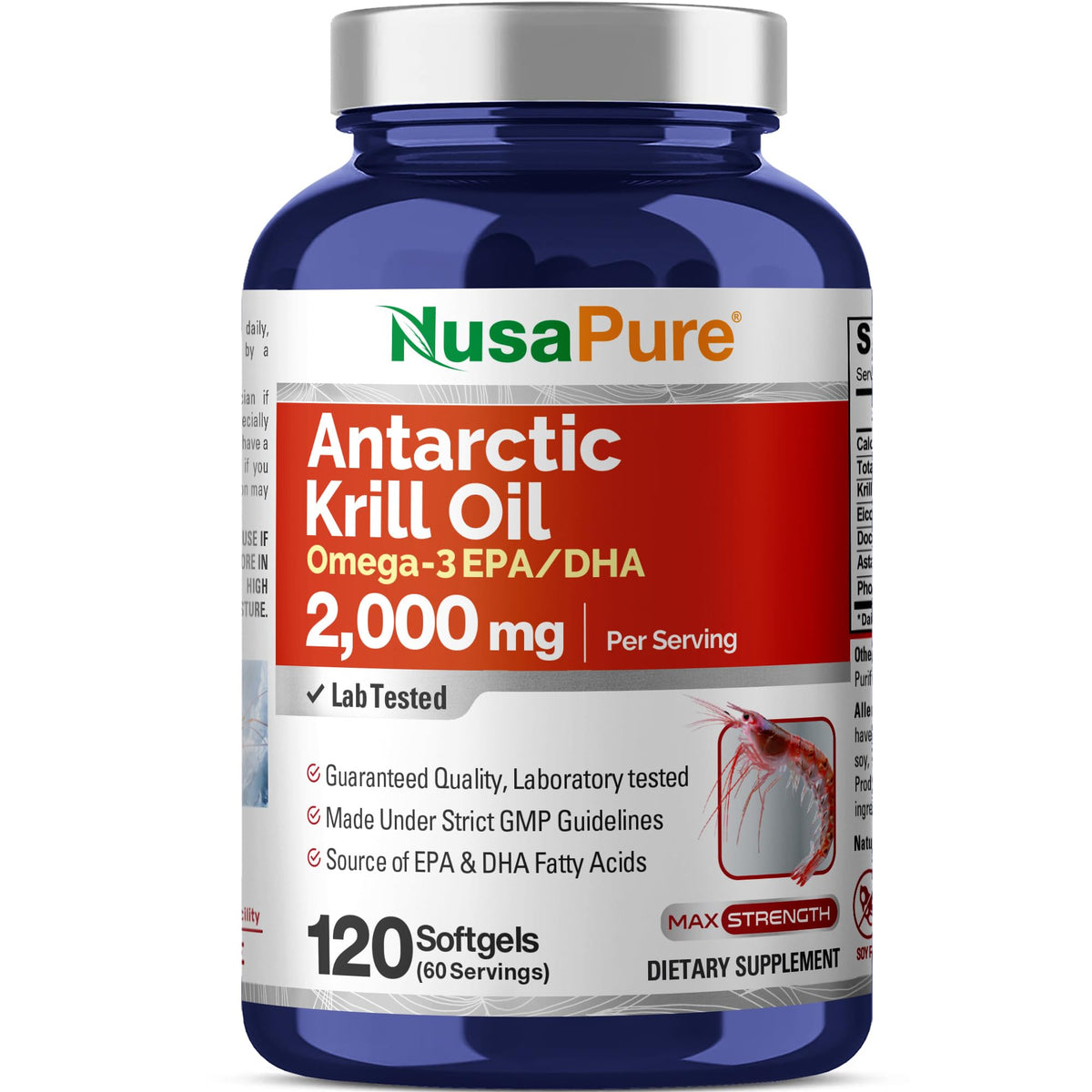 Flacon de NusaPure Huile de Krill d'Antarctique 2000 mg 120 gélules souples