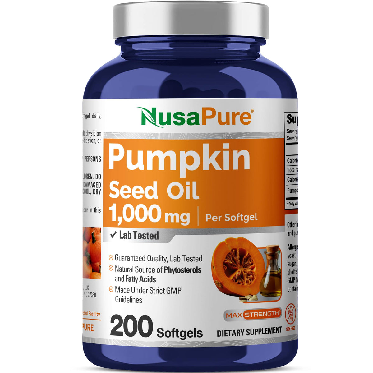 Flacon de NusaPure Huile de Pépin de Citrouille 1000 mg contenant 200 gélules