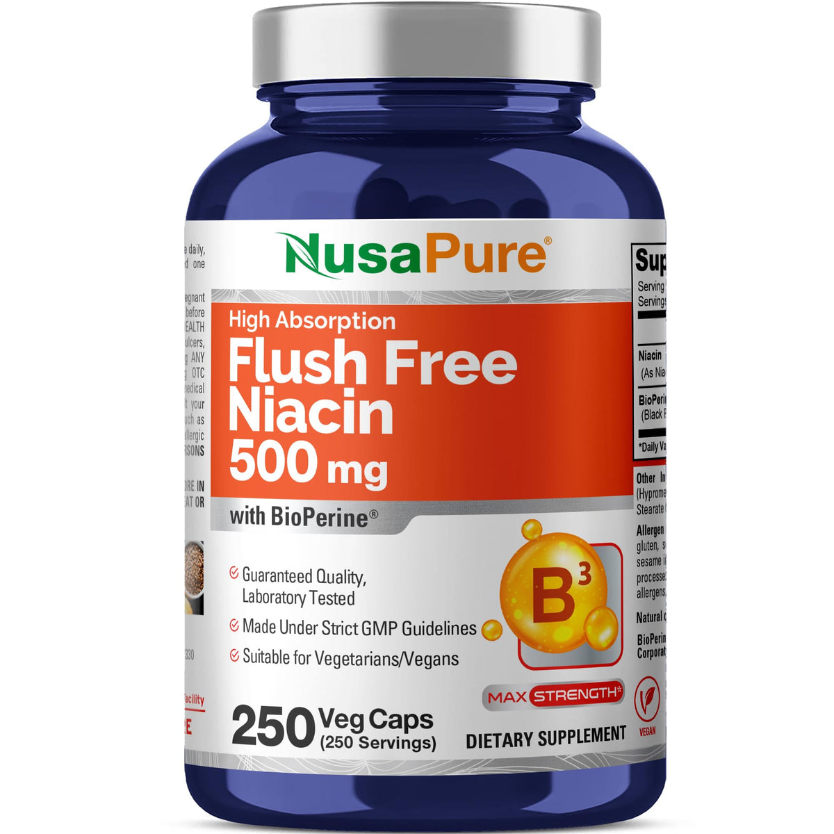 Flacon de NusaPure Niacine Flush Free 500mg 250 capsules végétaliennes