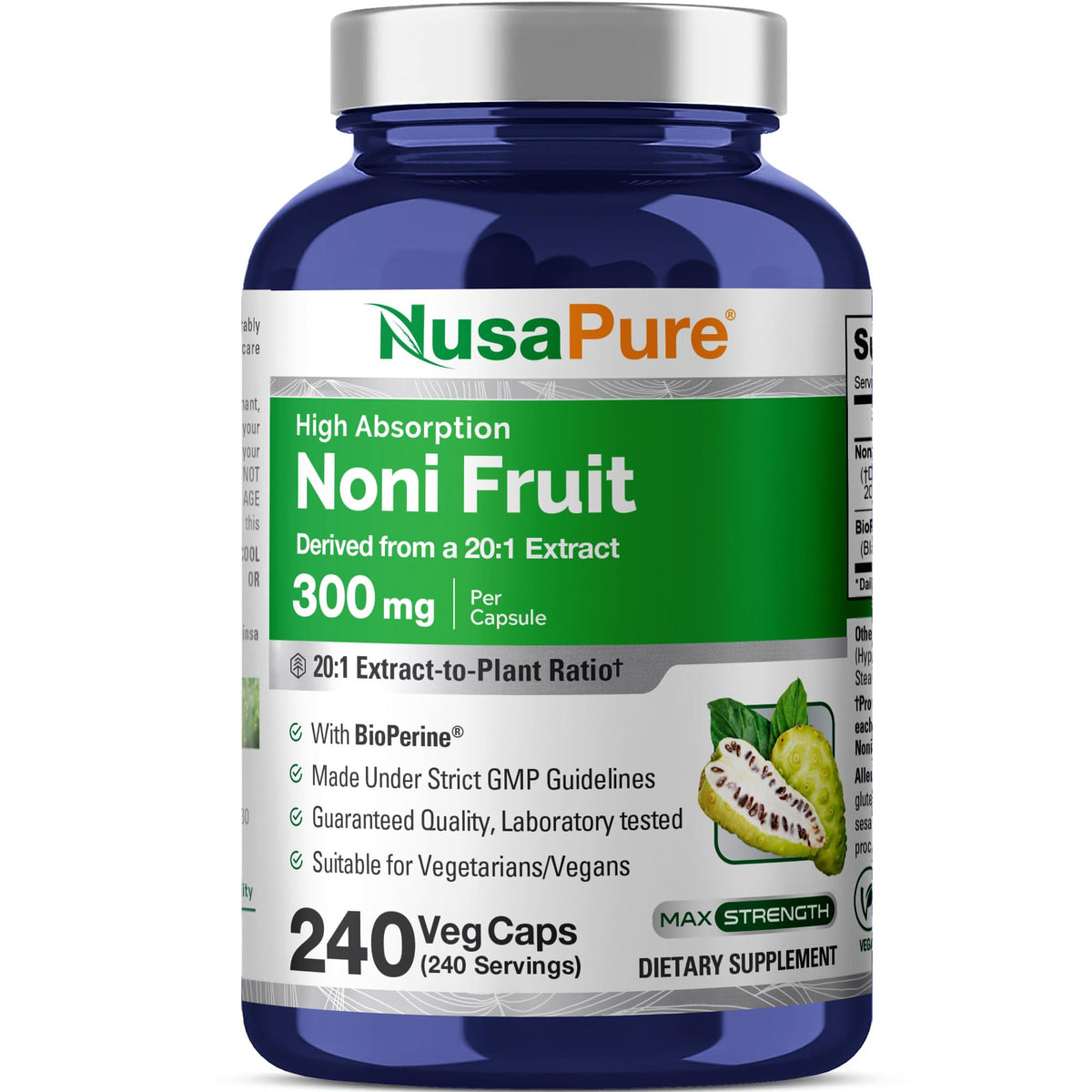 Flacon de NusaPure Noni Fruit 300mg 240 capsules végétales