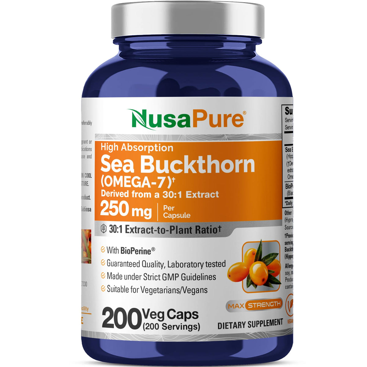Flacon de NusaPure Omega-7 250mg contenant 200 capsules végétales