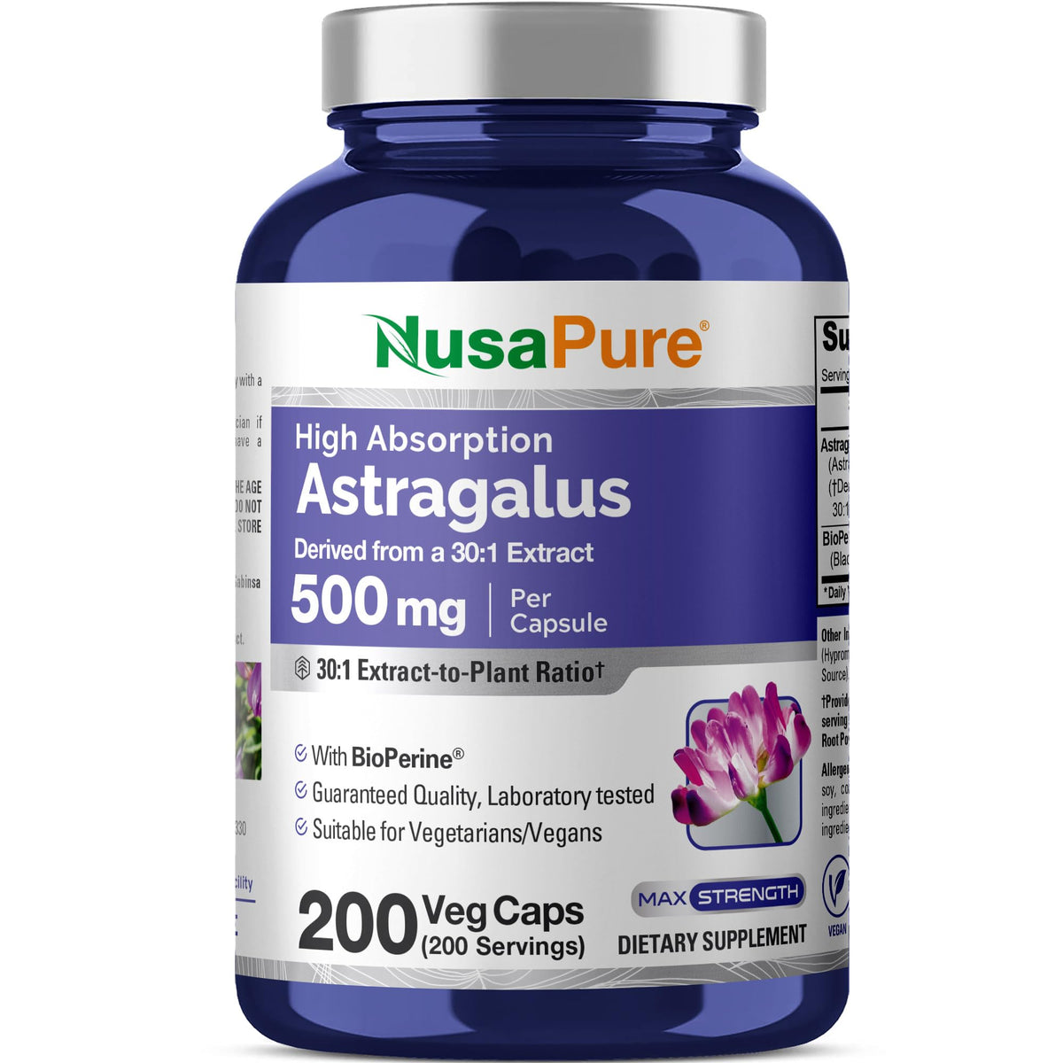 Flacon de NusaPure Racine d'Astragale 500mg avec 200 capsules végétales