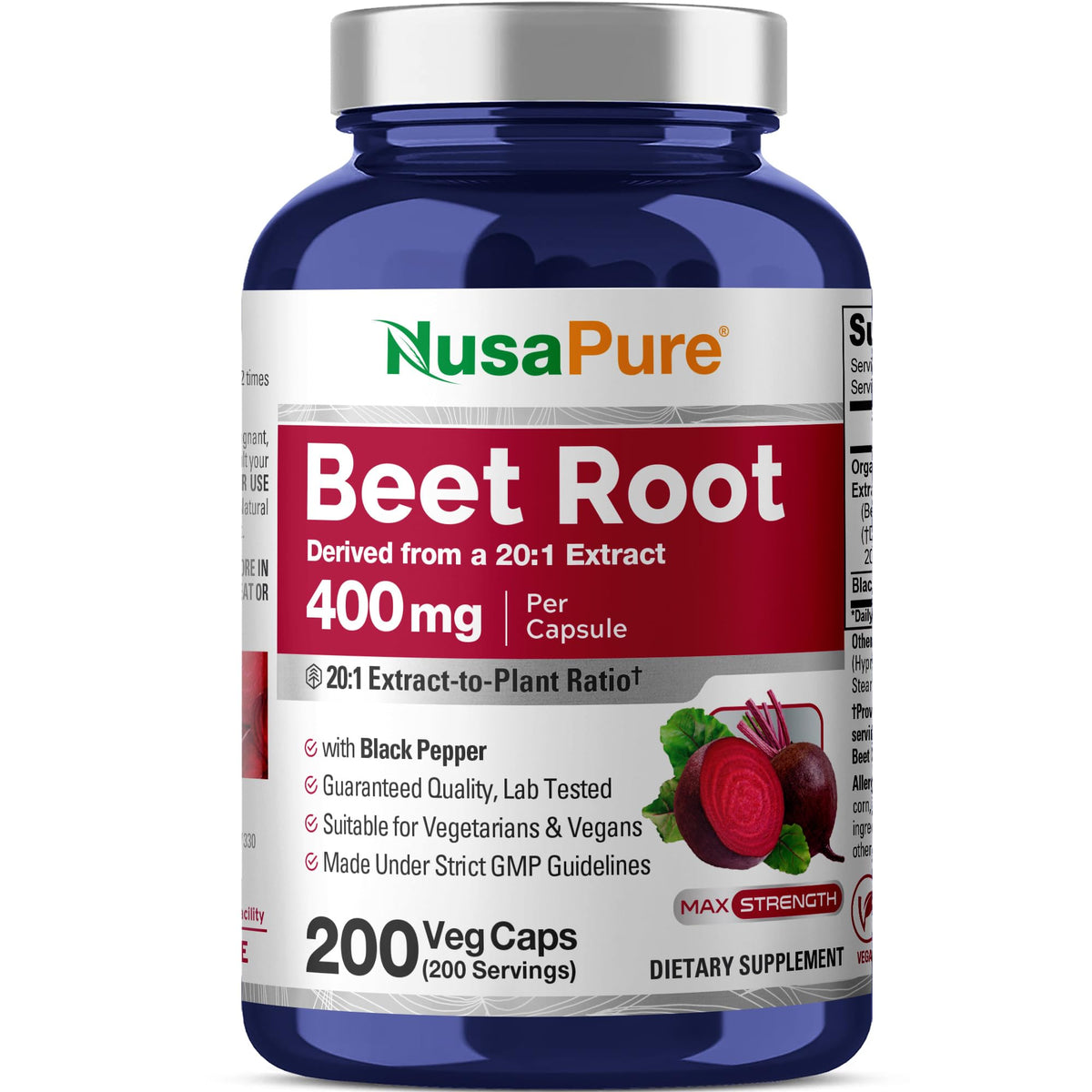 Flacon de NusaPure Racine de Betterave Bio 400mg 200 Capsules Végétales