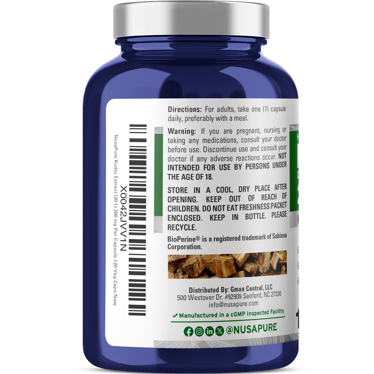 Flacon de NusaPure Racine de Kudzu 200 mg avec étiquette visible