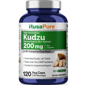 Flacon de NusaPure Racine de Kudzu 200 mg contenant 120 capsules végétales
