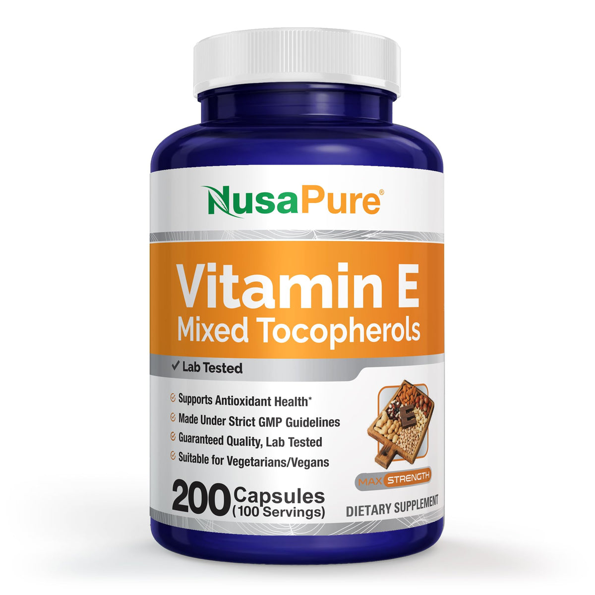 Flacon de NusaPure Vitamine E Mélange de Tocophérols avec 200 gélules végétales