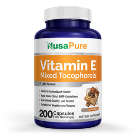 Flacon de NusaPure Vitamine E Mélange de Tocophérols avec 200 gélules végétales