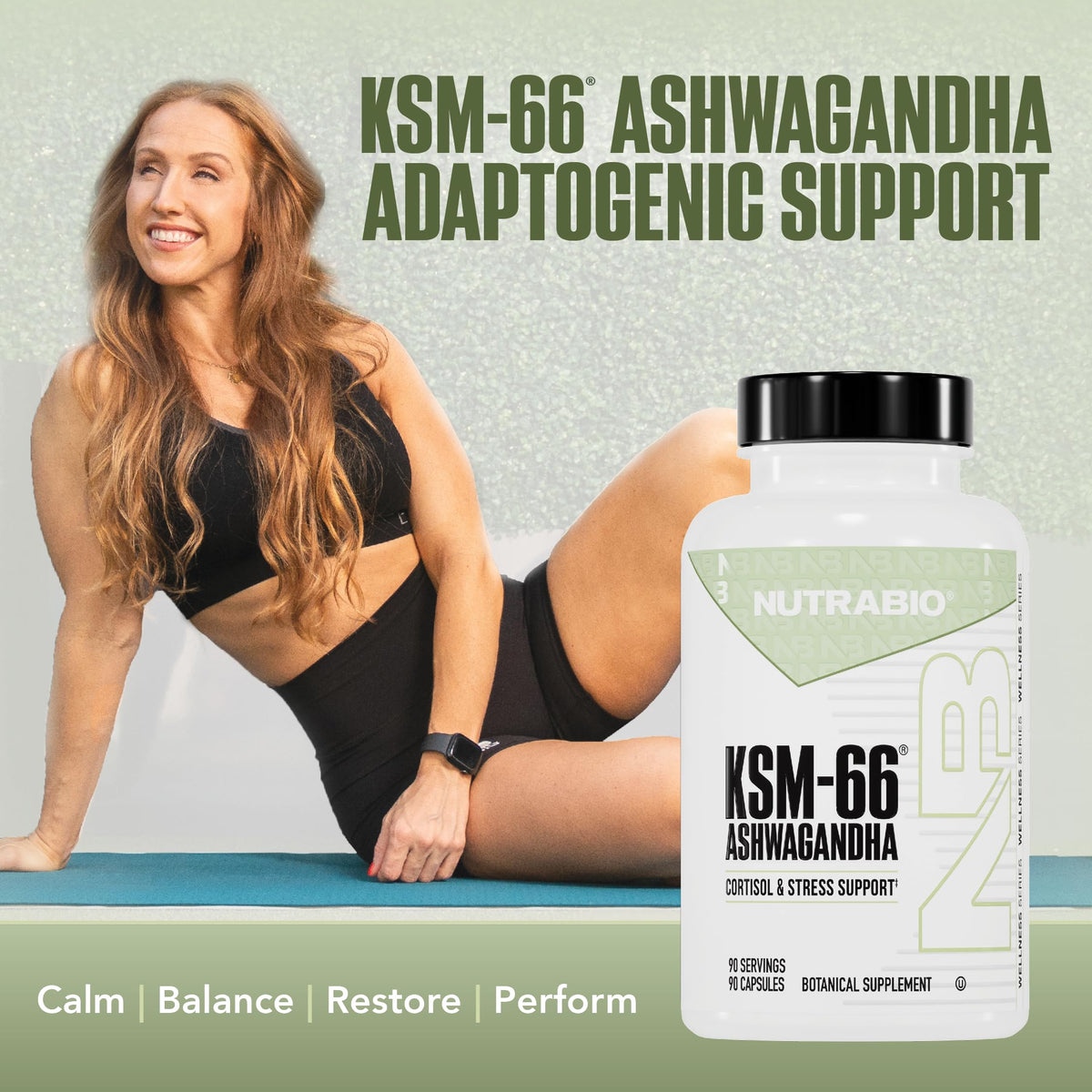 Flacon de NutraBio Ashwagandha KSM-66 avec étiquette