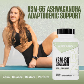 Flacon de NutraBio Ashwagandha KSM-66 avec étiquette