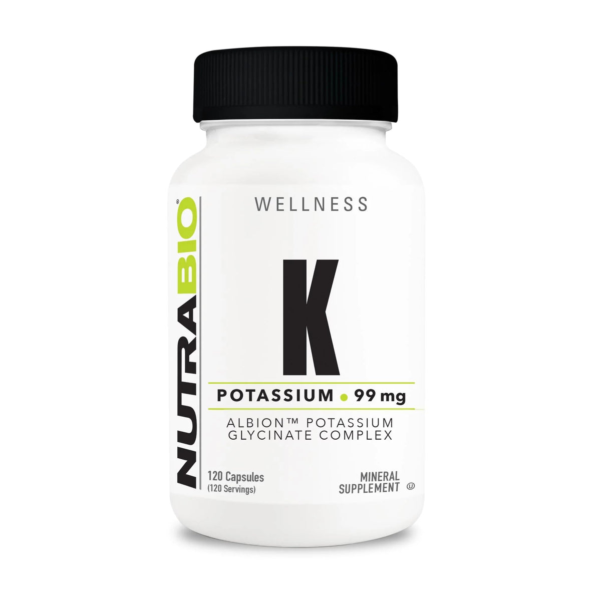 Flacon de NutraBio Complexe de Potassium 99mg - 120 Capsules Végétales