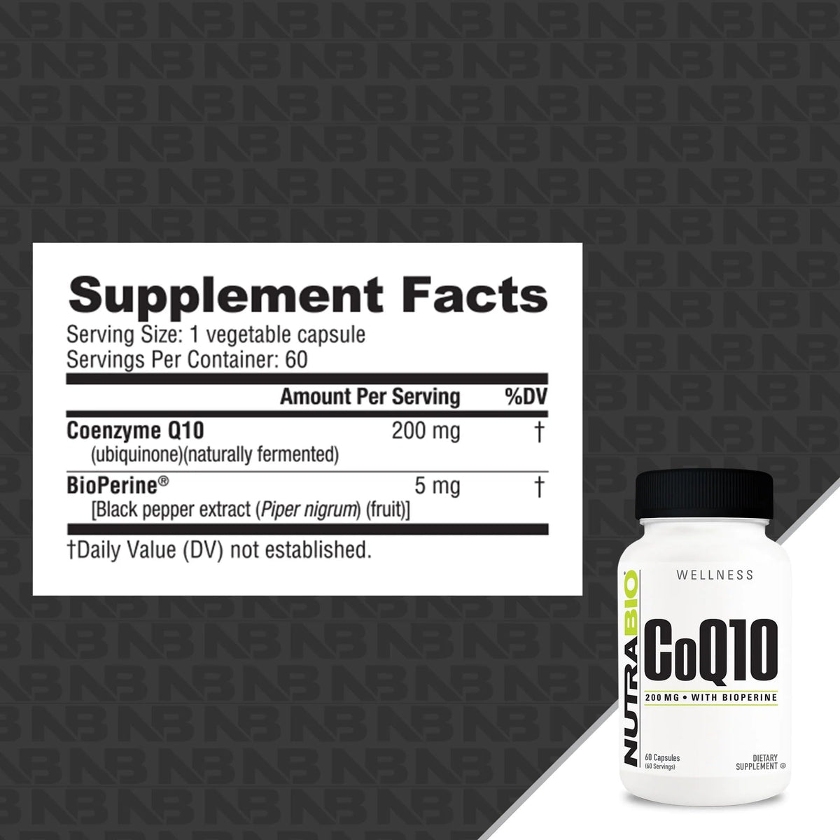 Flacon de NutraBio CoQ10 200mg avec capsules à l'intérieur