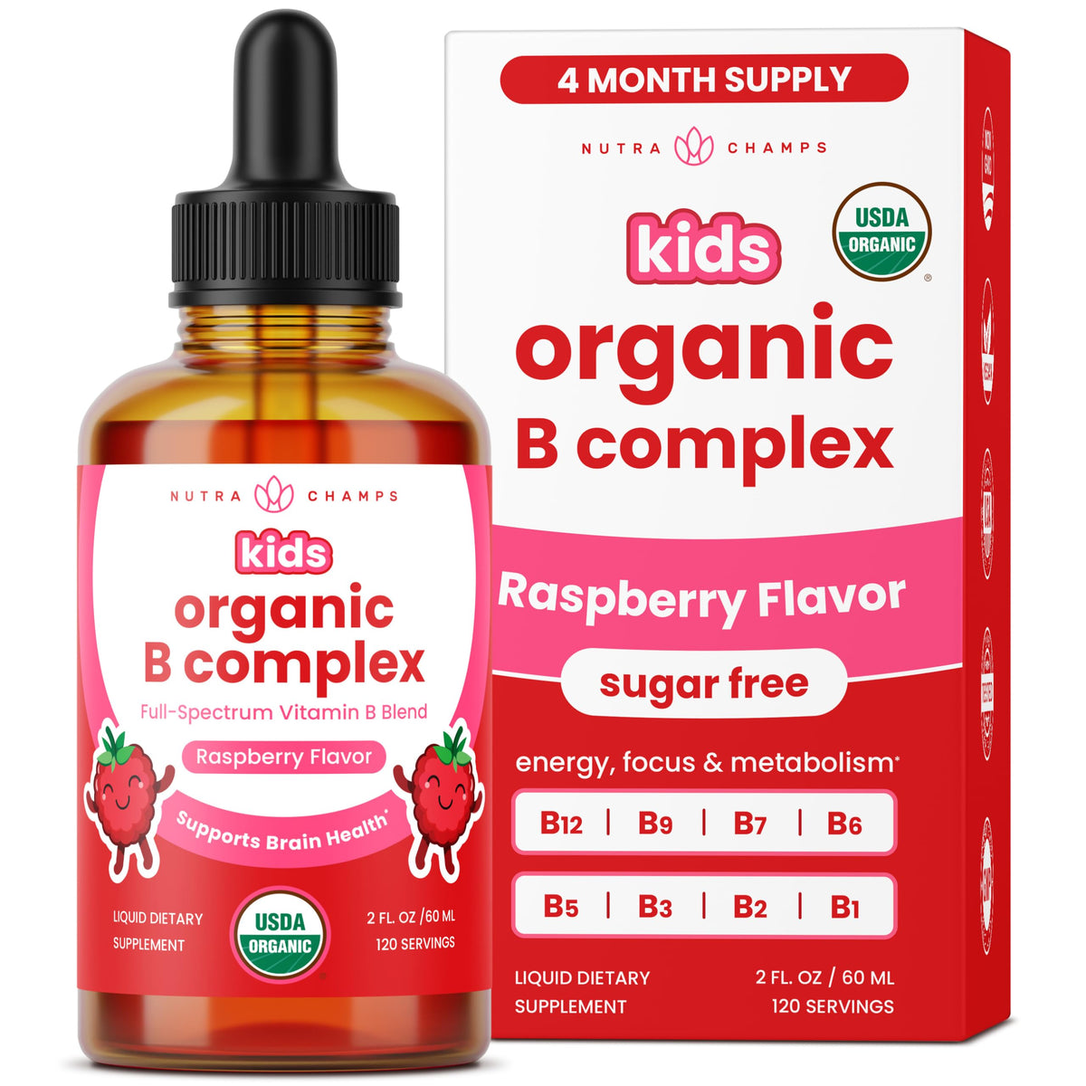 Flacon de NutraChamps B Complex pour enfants avec étiquette naturelle