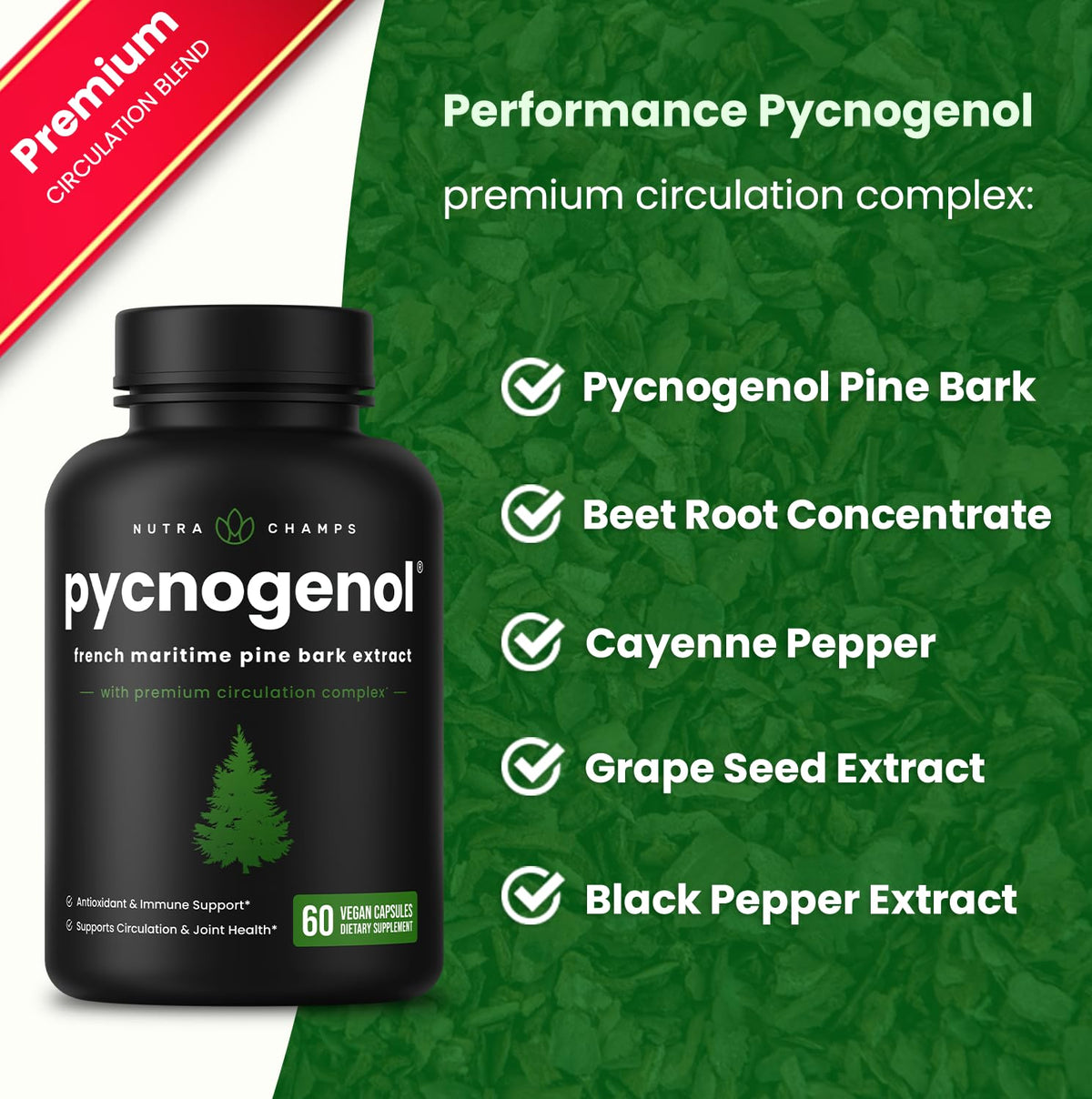 Flacon de NutraChamps Pycnogenol avec étiquette visible