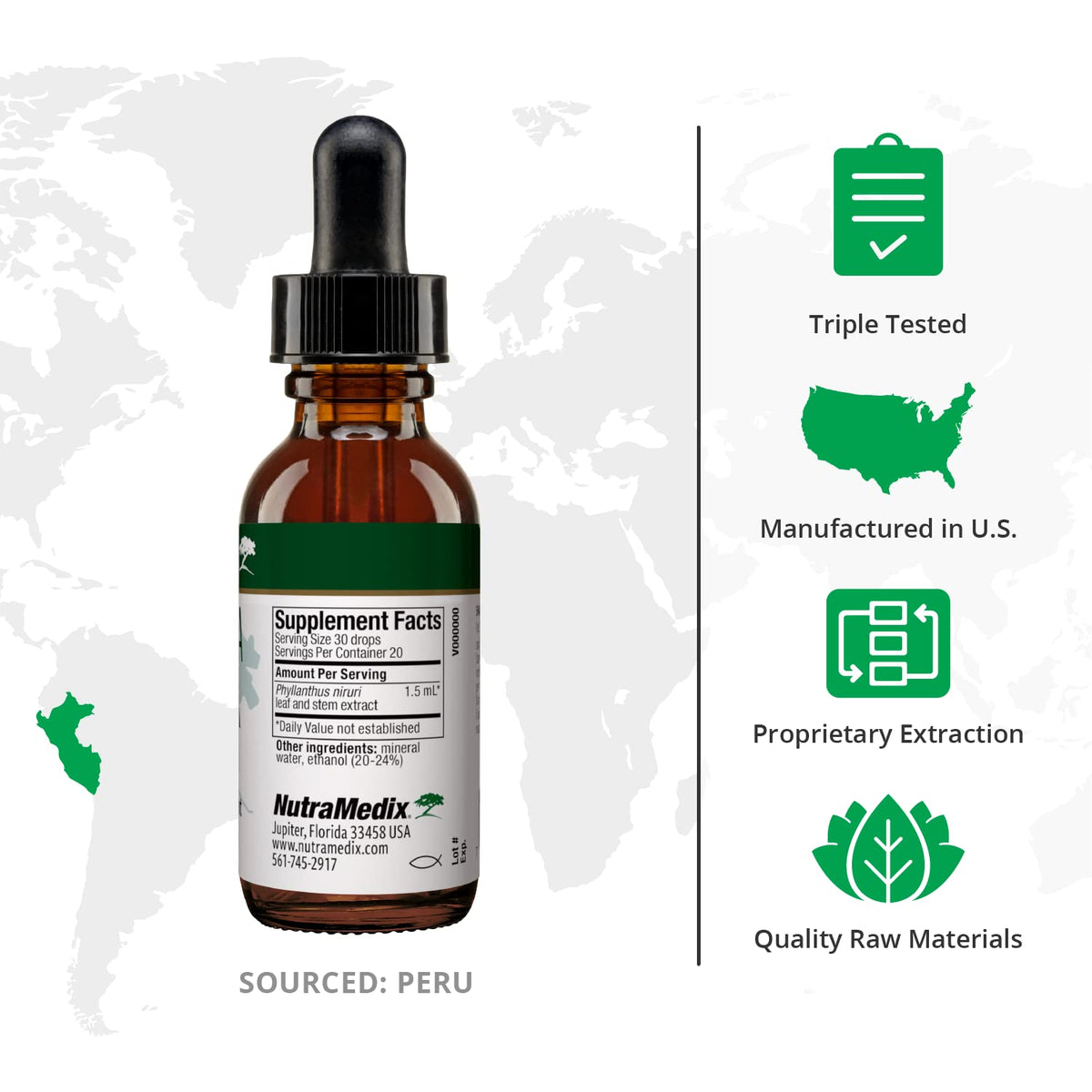 Flacon de NutraMedix Chanca Piedra 30ml avec étiquette détaillée