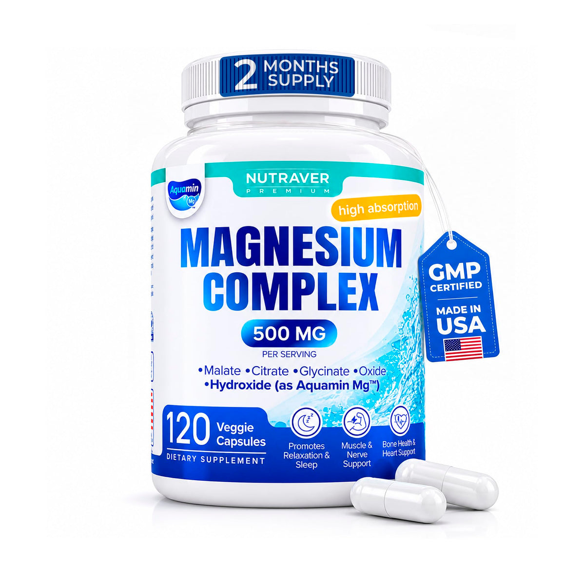 Flacon de NUTRAVER Complexe de Magnésium 500mg avec 120 capsules