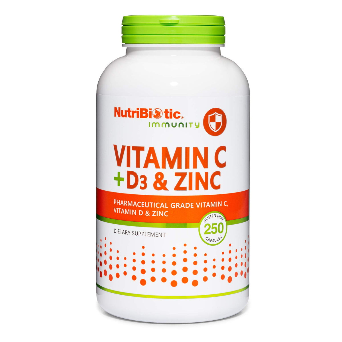 Flacon de NutriBiotic Vitamine C + D3 & Zinc 250 capsules vue de face