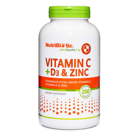 Flacon de NutriBiotic Vitamine C + D3 & Zinc 250 capsules vue de face