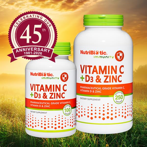 Flacon de NutriBiotic Vitamine C + D3 & Zinc sur un fond neutre