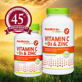 Flacon de NutriBiotic Vitamine C + D3 & Zinc sur un fond neutre