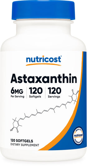 Flacon de Nutricost Astaxanthin 6mg, 120 gélules souples vue de face