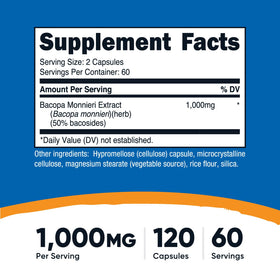Flacon de Nutricost Bacopa Monnieri 1 000mg avec étiquette claire