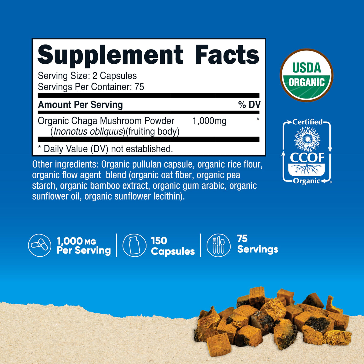 Flacon de Nutricost Champignon Chaga Bio 1000mg avec étiquette