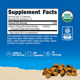 Flacon de Nutricost Champignon Chaga Bio 1000mg avec étiquette