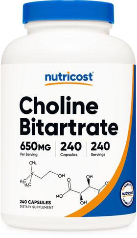 Flacon de Nutricost Choline Bitartrate 650mg avec étiquette visible