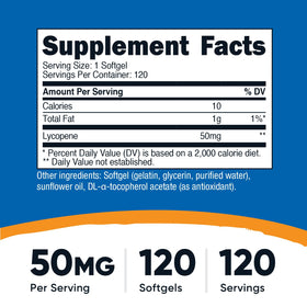 Flacon de Nutricost Lycopène 50mg Softgels ouvert avec gélules