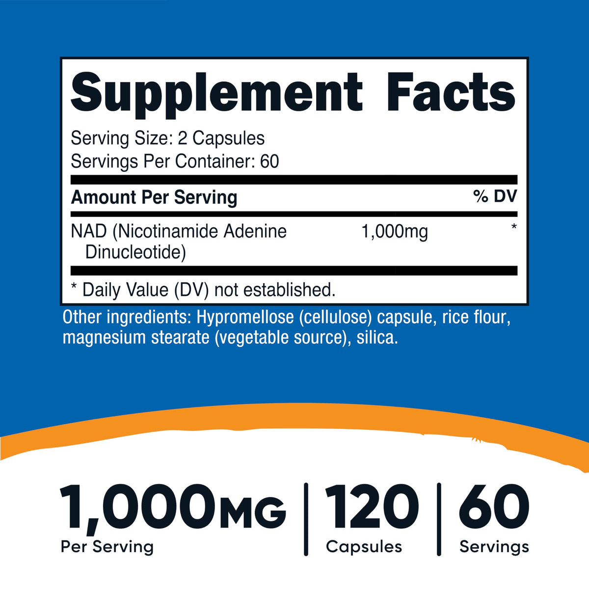 Flacon de Nutricost NAD+ avec étiquette et capsules