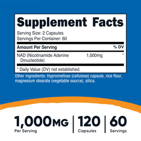 Flacon de Nutricost NAD+ avec étiquette et capsules