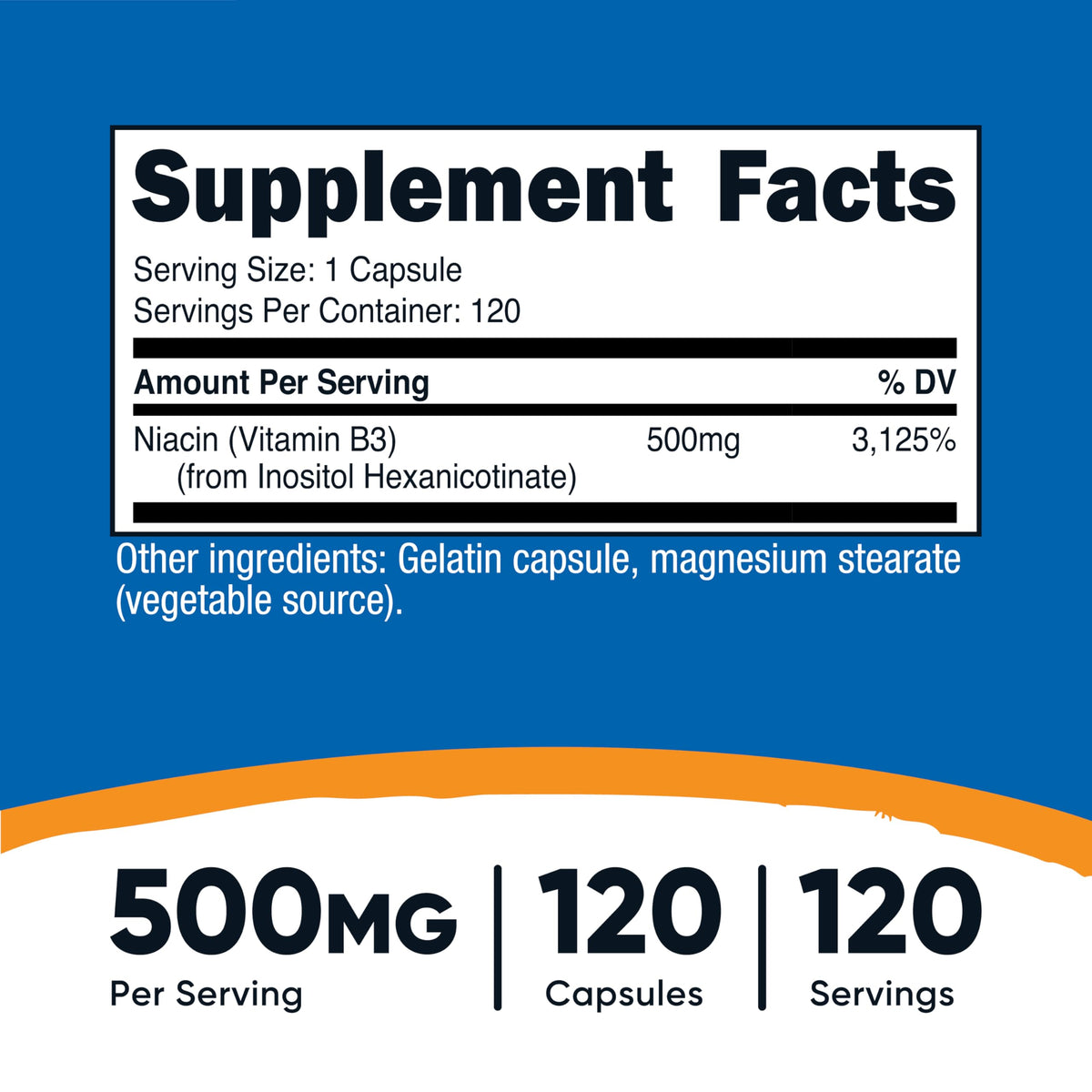 Flacon de Nutricost Niacine Flush-Free 500mg, étiquette