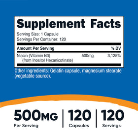 Flacon de Nutricost Niacine Flush-Free 500mg, étiquette
